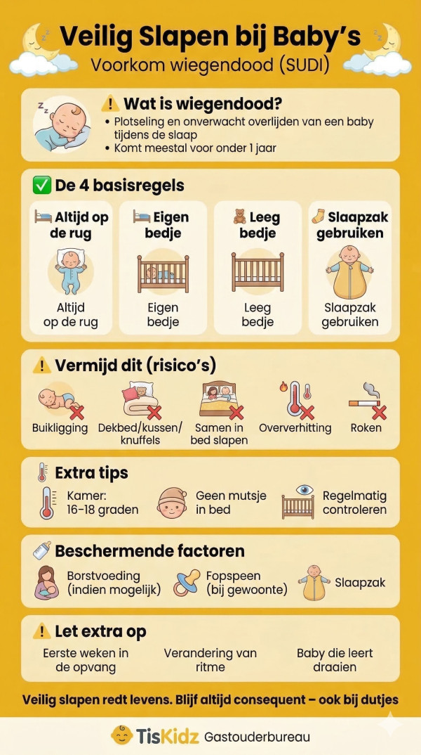 Infographic veilig slapen baby met tips zoals rugligging, leeg bedje en slaapzak – TisKidz